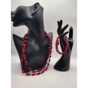 Vintage Red Coral Chip Black Bead 10" Necklace And Bracelet Set